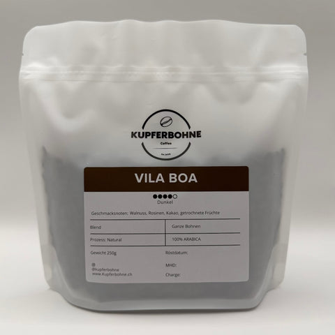 Kupferbohne Vila Boa – dunkel gerösteter Espresso aus Brasilien, 250 g Kaffeebeutel, Frontansicht