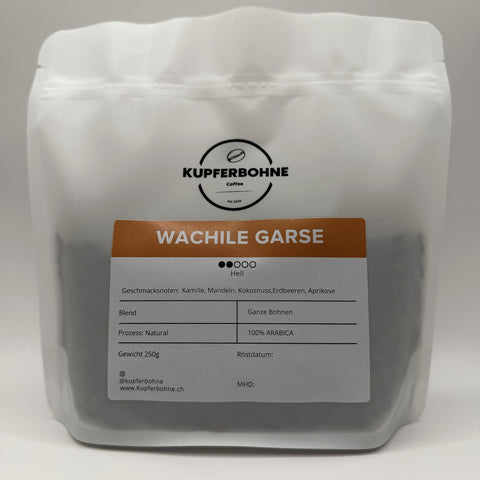 Kupferbohne Wachile Garse – äthiopischer Filterkaffee aus Yirgacheffe, 250 g Kaffeebeutel, Frontansicht